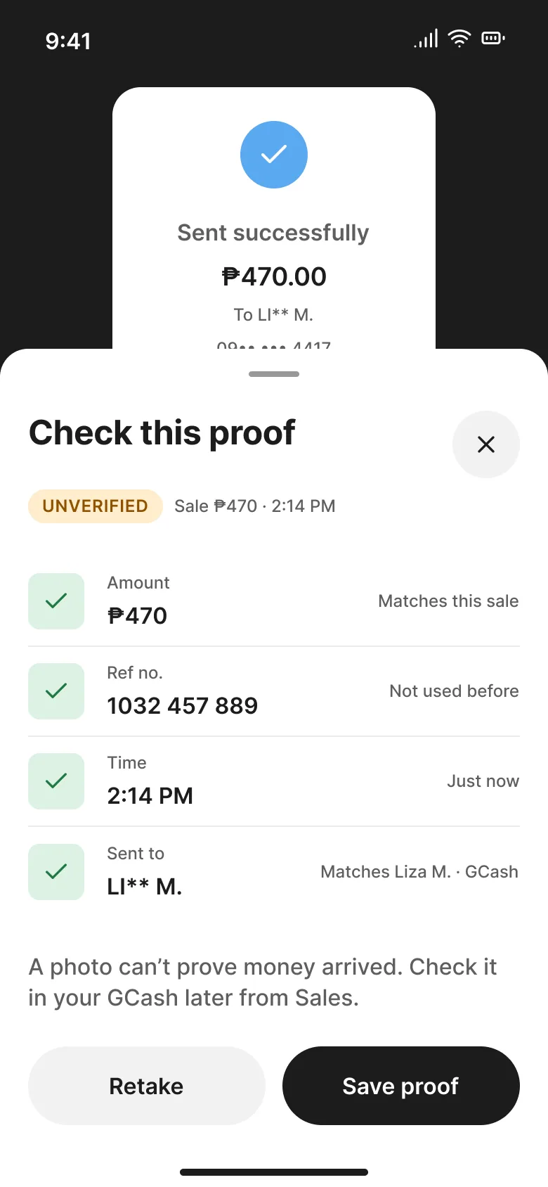 Puwesto's proof check for a ₱470 QR sale at 2:14 PM: the amount matches, the ref no. 1032 457 889 was not used before, and a note that a photo can't prove money arrived.