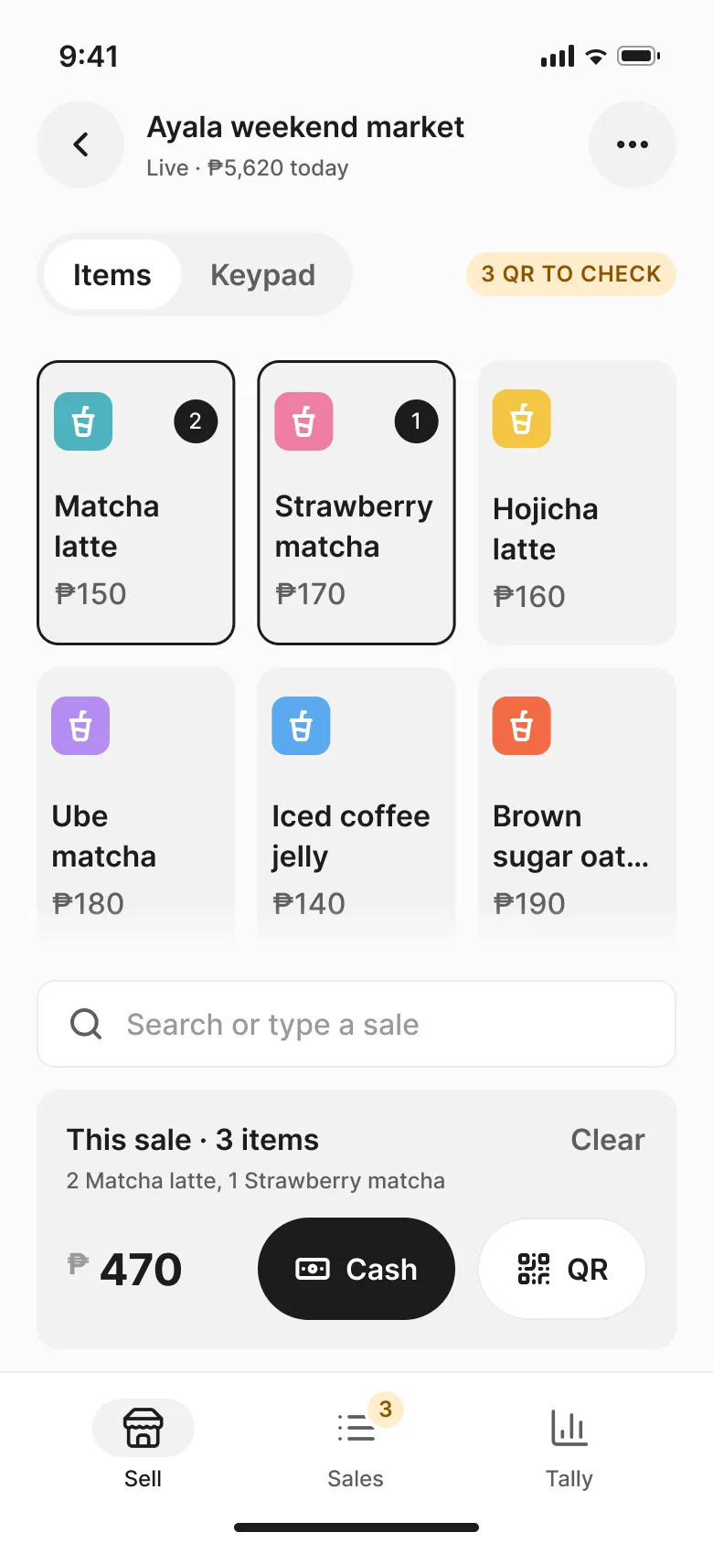 Puwesto's Sell screen: item tiles for Matcha latte ₱150 and Strawberry matcha ₱170, a sale of 3 items for ₱470, and Cash and QR buttons.